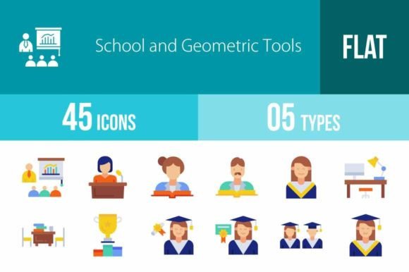 45 School and Geometric Flat Icons: A Designer's Toolkit