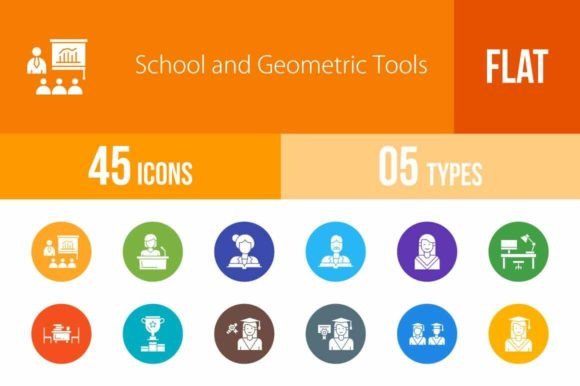 45 School and Geometric Flat Round Icons for Modern Design