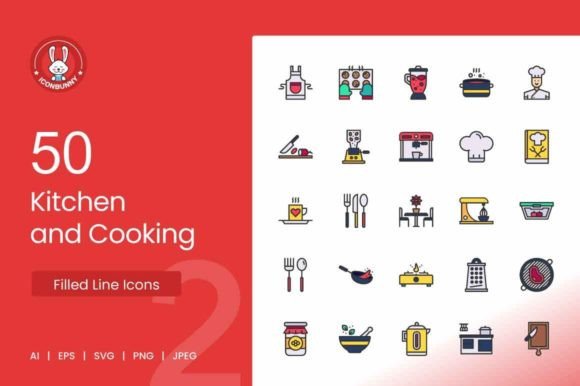 50 Kitchen and Cooking Filled Line Icons: A Designer's Toolkit