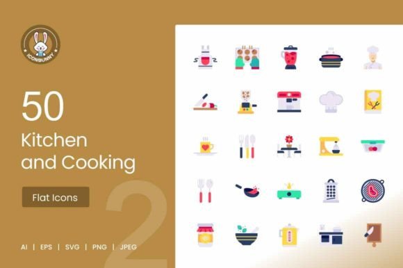 50 Kitchen and Cooking Flat Icons for Modern Design